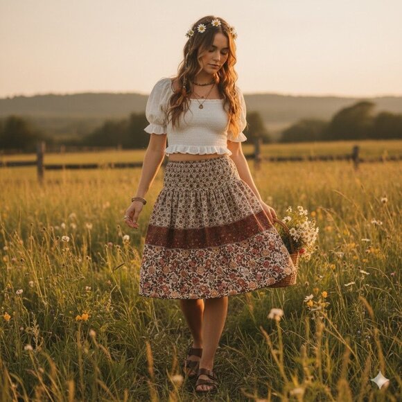 Joe Benbasset Y2K Vintage Floral Boho Tiered Skirt Size XL Boho Cottagecore - Picture 1 of 6